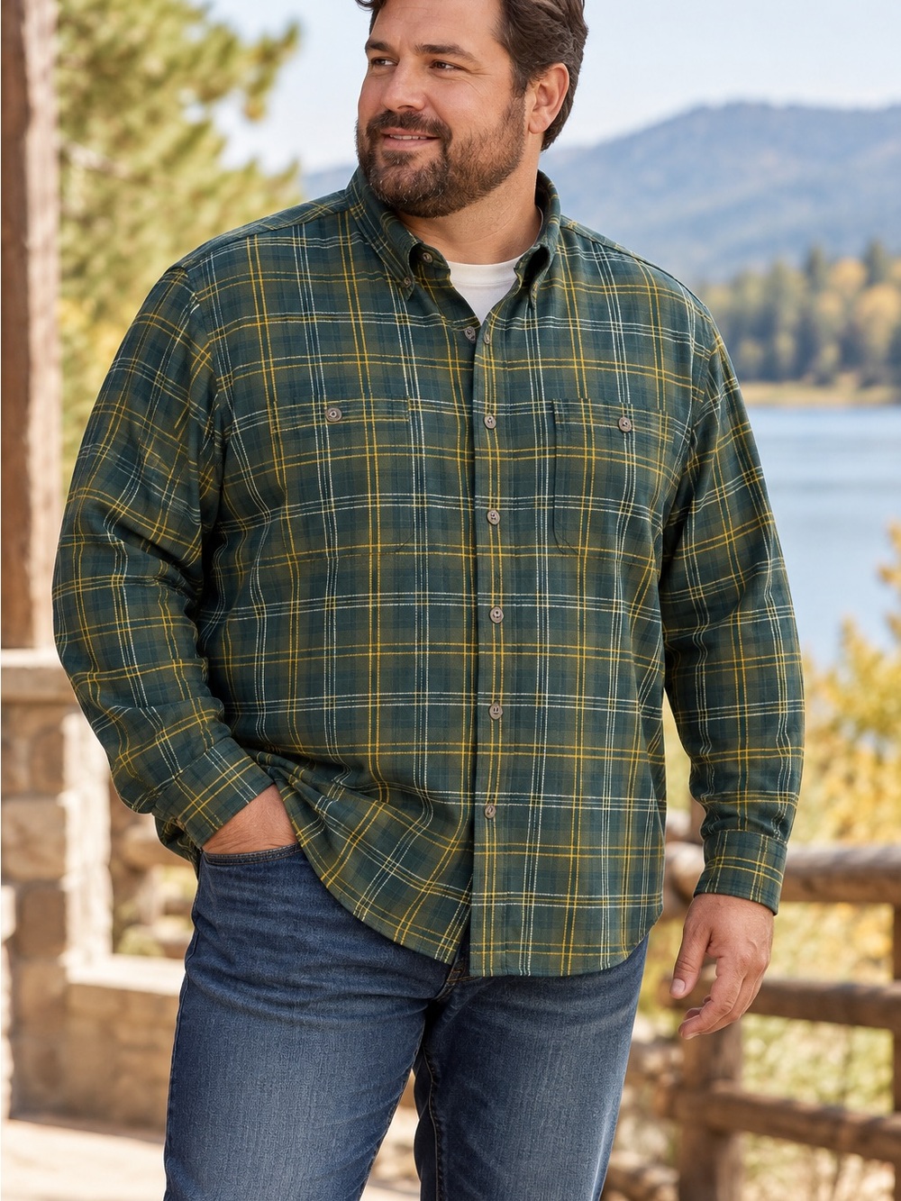 Duluth Trading Co Men’s 2XL Green Plaid 100% Cotton Button Down Shirt